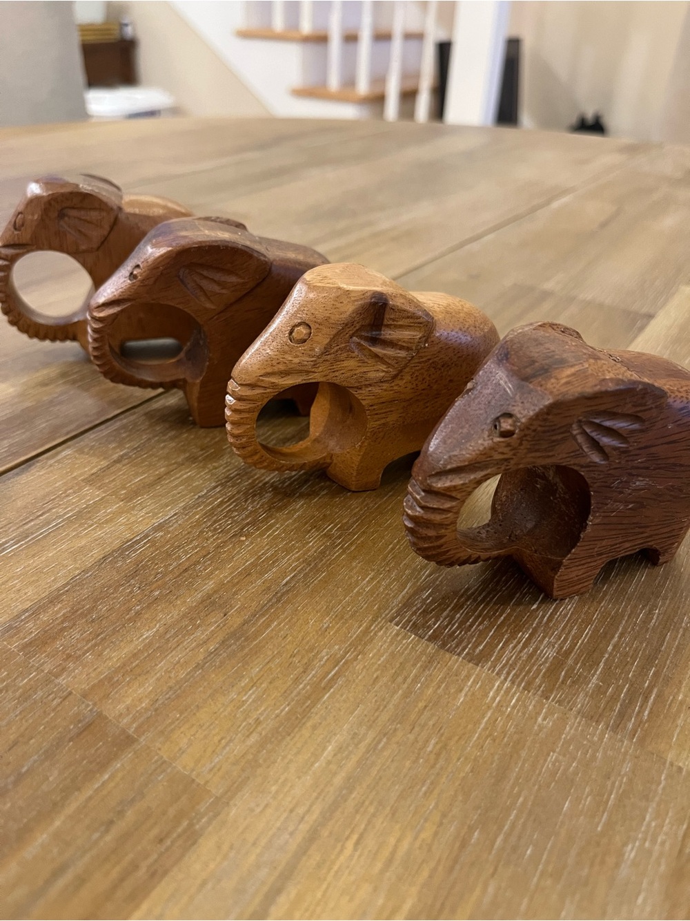 Vintage Handcrafted Wooden Elephant Napkin Rings - Brown